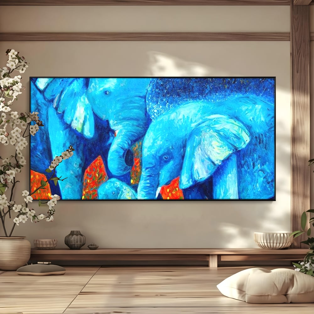 Tablou Canvas Premium, LuxCanva® M1307, Calatorie in Jungla Magica,Albastru, Abstract, Familie, Culori Vibrante, Elefanti, Pictura, Magie, Poveste, Exotic, Birou, Living, Camera Copil