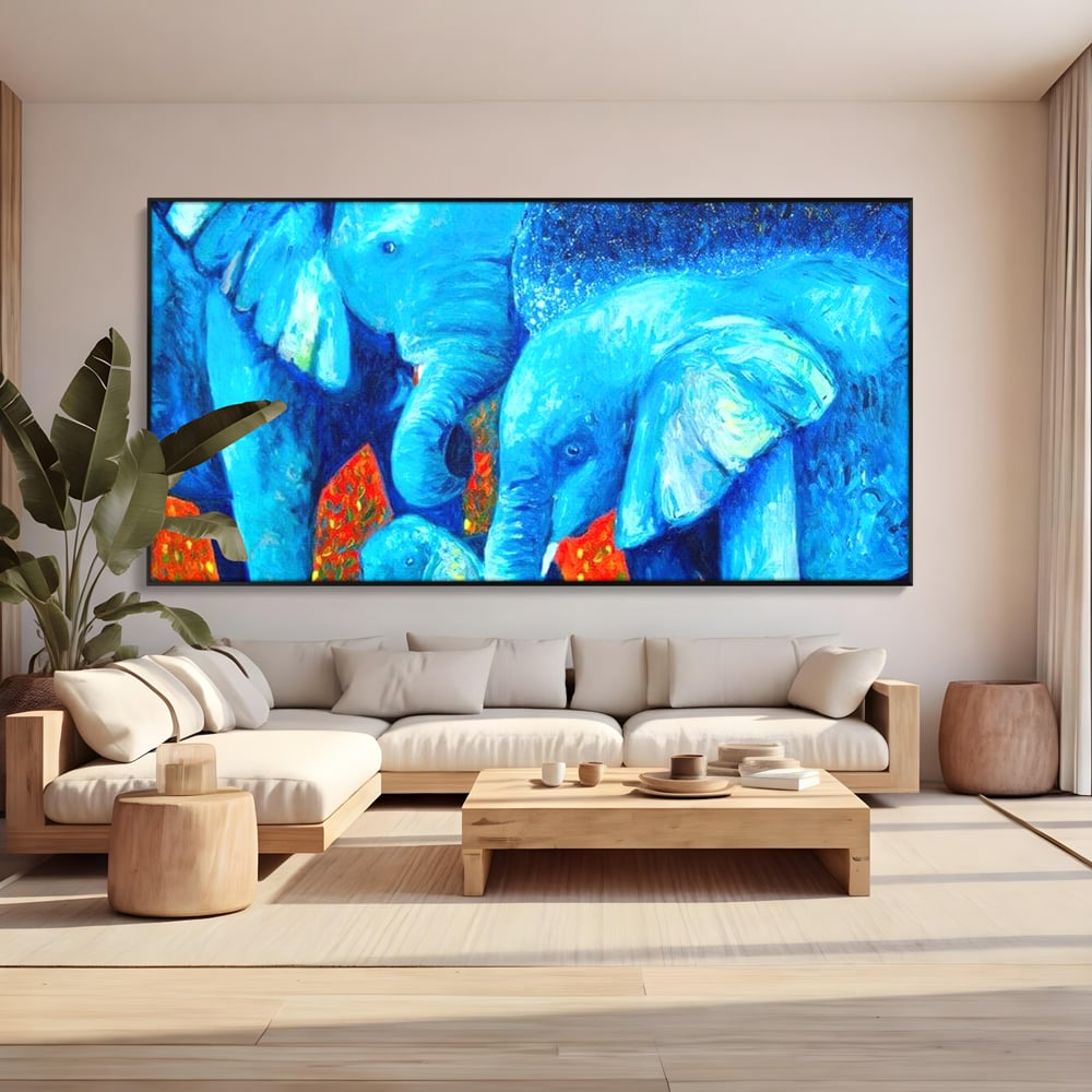 Tablou Canvas Premium, LuxCanva® M1307, Calatorie in Jungla Magica,Albastru, Abstract, Familie, Culori Vibrante, Elefanti, Pictura, Magie, Poveste, Exotic, Birou, Living, Camera Copil