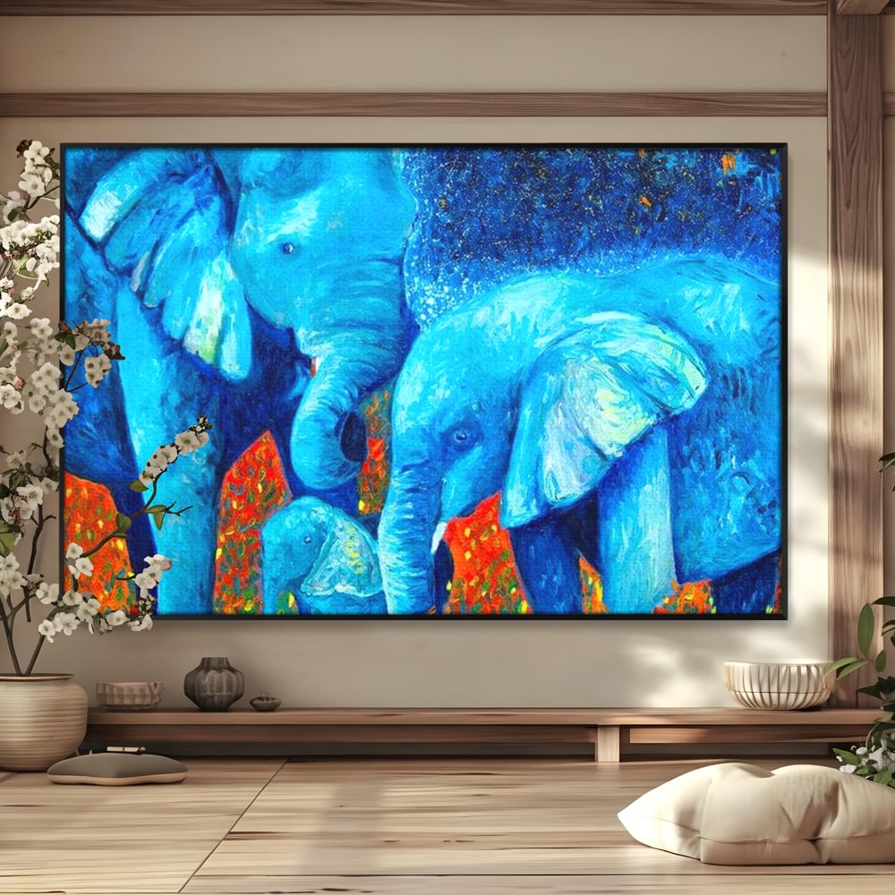 Tablou Canvas Premium, LuxCanva® M1307, Calatorie in Jungla Magica,Albastru, Abstract, Familie, Culori Vibrante, Elefanti, Pictura, Magie, Poveste, Exotic, Birou, Living, Camera Copil