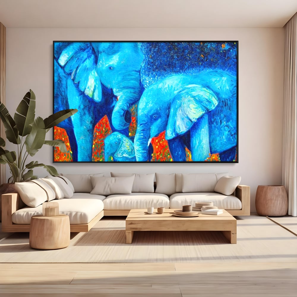 Tablou Canvas Premium, LuxCanva® M1307, Calatorie in Jungla Magica,Albastru, Abstract, Familie, Culori Vibrante, Elefanti, Pictura, Magie, Poveste, Exotic, Birou, Living, Camera Copil