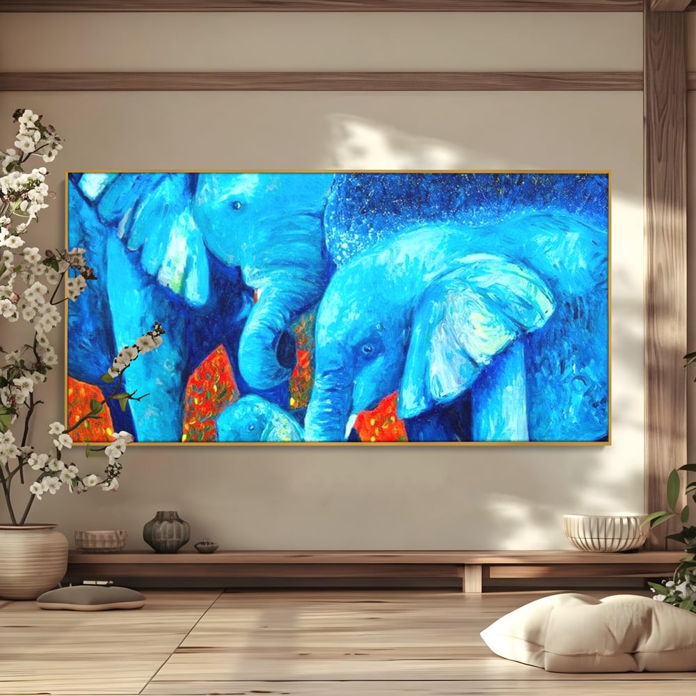Tablou Canvas Premium, LuxCanva® M1307, Calatorie in Jungla Magica,Albastru, Abstract, Familie, Culori Vibrante, Elefanti, Pictura, Magie, Poveste, Exotic, Birou, Living, Camera Copil