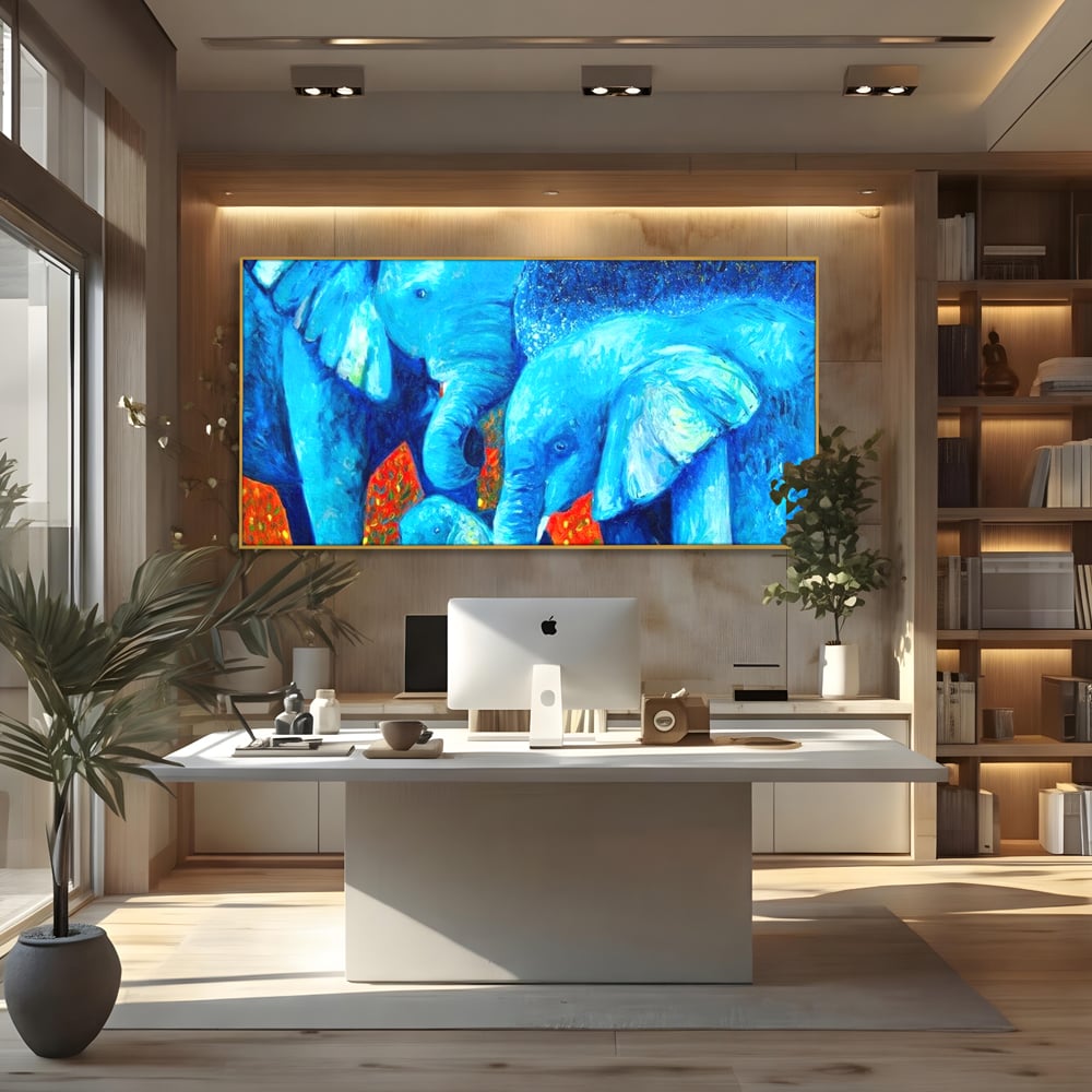 Tablou Canvas Premium, LuxCanva® M1307, Calatorie in Jungla Magica,Albastru, Abstract, Familie, Culori Vibrante, Elefanti, Pictura, Magie, Poveste, Exotic, Birou, Living, Camera Copil