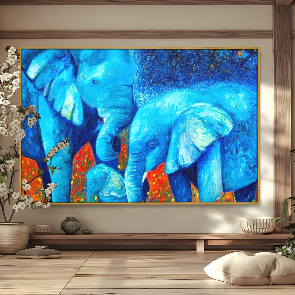 Tablou Canvas Premium, LuxCanva® M1307, Calatorie in Jungla Magica,Albastru, Abstract, Familie, Culori Vibrante, Elefanti, Pictura, Magie, Poveste, Exotic, Birou, Living, Camera Copil
