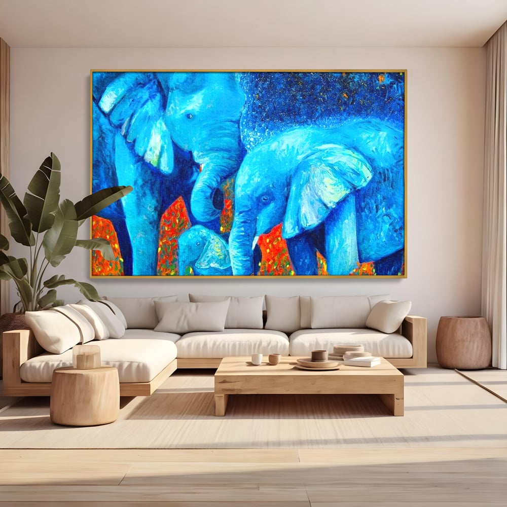 Tablou Canvas Premium, LuxCanva® M1307, Calatorie in Jungla Magica,Albastru, Abstract, Familie, Culori Vibrante, Elefanti, Pictura, Magie, Poveste, Exotic, Birou, Living, Camera Copil