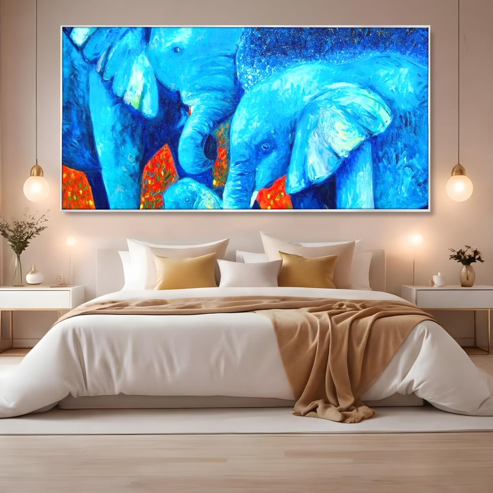 Tablou Canvas Premium, LuxCanva® M1307, Calatorie in Jungla Magica,Albastru, Abstract, Familie, Culori Vibrante, Elefanti, Pictura, Magie, Poveste, Exotic, Birou, Living, Camera Copil