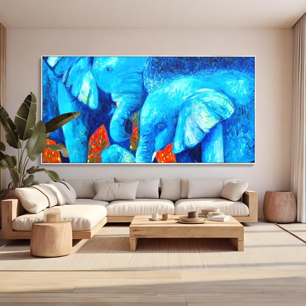 Tablou Canvas Premium, LuxCanva® M1307, Calatorie in Jungla Magica,Albastru, Abstract, Familie, Culori Vibrante, Elefanti, Pictura, Magie, Poveste, Exotic, Birou, Living, Camera Copil