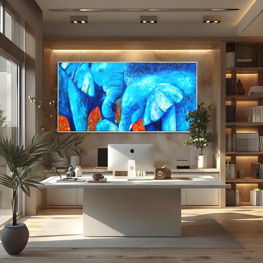 Tablou Canvas Premium, LuxCanva® M1307, Calatorie in Jungla Magica,Albastru, Abstract, Familie, Culori Vibrante, Elefanti, Pictura, Magie, Poveste, Exotic, Birou, Living, Camera Copil