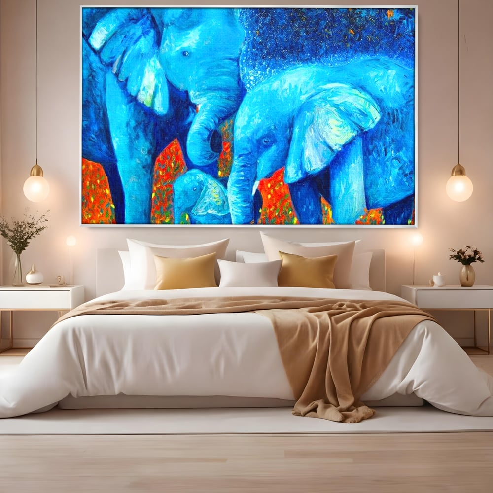 Tablou Canvas Premium, LuxCanva® M1307, Calatorie in Jungla Magica,Albastru, Abstract, Familie, Culori Vibrante, Elefanti, Pictura, Magie, Poveste, Exotic, Birou, Living, Camera Copil