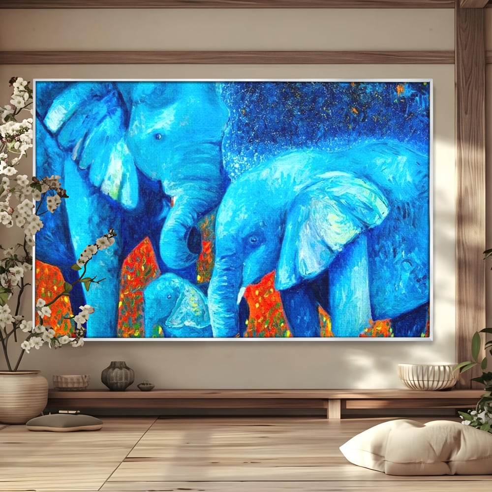 Tablou Canvas Premium, LuxCanva® M1307, Calatorie in Jungla Magica,Albastru, Abstract, Familie, Culori Vibrante, Elefanti, Pictura, Magie, Poveste, Exotic, Birou, Living, Camera Copil