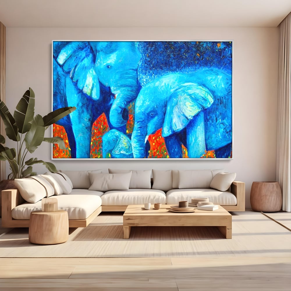 Tablou Canvas Premium, LuxCanva® M1307, Calatorie in Jungla Magica,Albastru, Abstract, Familie, Culori Vibrante, Elefanti, Pictura, Magie, Poveste, Exotic, Birou, Living, Camera Copil