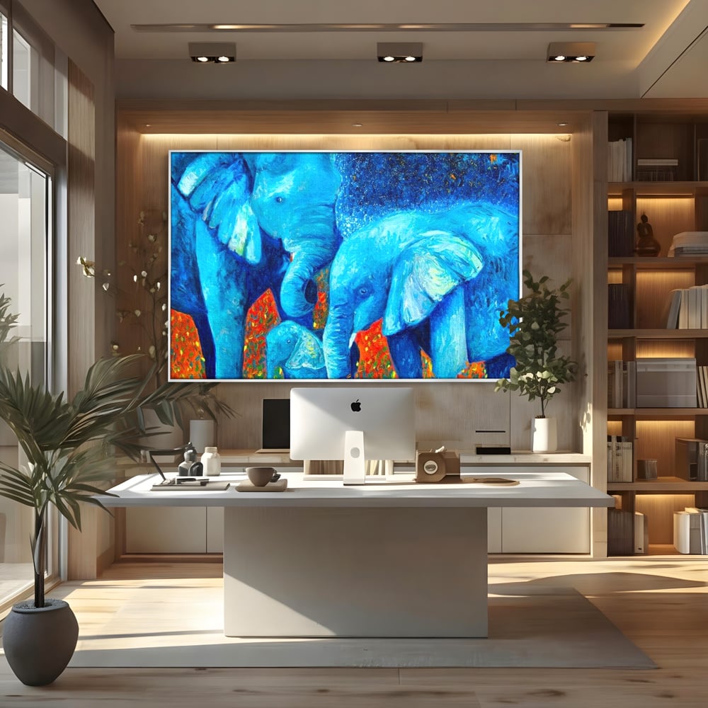 Tablou Canvas Premium, LuxCanva® M1307, Calatorie in Jungla Magica,Albastru, Abstract, Familie, Culori Vibrante, Elefanti, Pictura, Magie, Poveste, Exotic, Birou, Living, Camera Copil