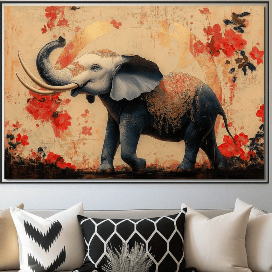 Tablou Canvas Premium LuxCanva®, "Dans la Rasarit Japonez" (M1308), prezintă un elefant elegant cu accente florale orientale, adăugând un stil artistic camerei dvs. de zi, biroului sau camerei copiilor.