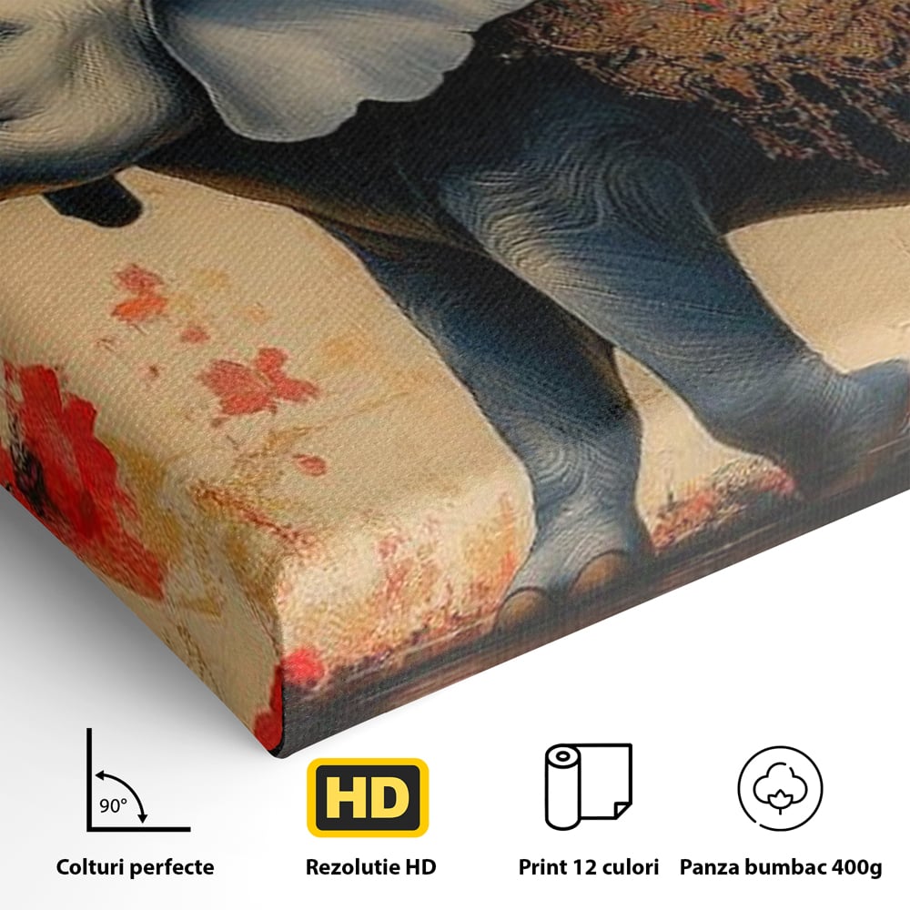 Tablou Canvas Premium, LuxCanva® M1308, Dans la Rasarit Japonez, Elefant, Animal, Oriental, Floral, Abstract, Arta, Traditie, Colti, Trompa, Elegant, Birou, Living, Camera Copil