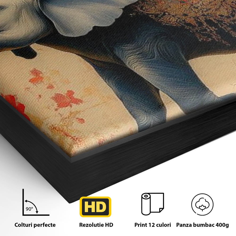 Tablou Canvas Premium, LuxCanva® M1308, Dans la Rasarit Japonez, Elefant, Animal, Oriental, Floral, Abstract, Arta, Traditie, Colti, Trompa, Elegant, Birou, Living, Camera Copil