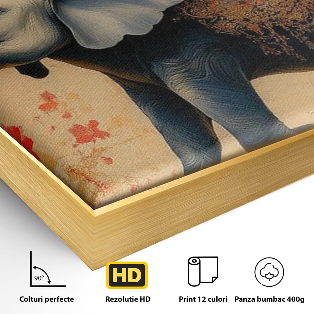 Tablou Canvas Premium, LuxCanva® M1308, Dans la Rasarit Japonez, Elefant, Animal, Oriental, Floral, Abstract, Arta, Traditie, Colti, Trompa, Elegant, Birou, Living, Camera Copil