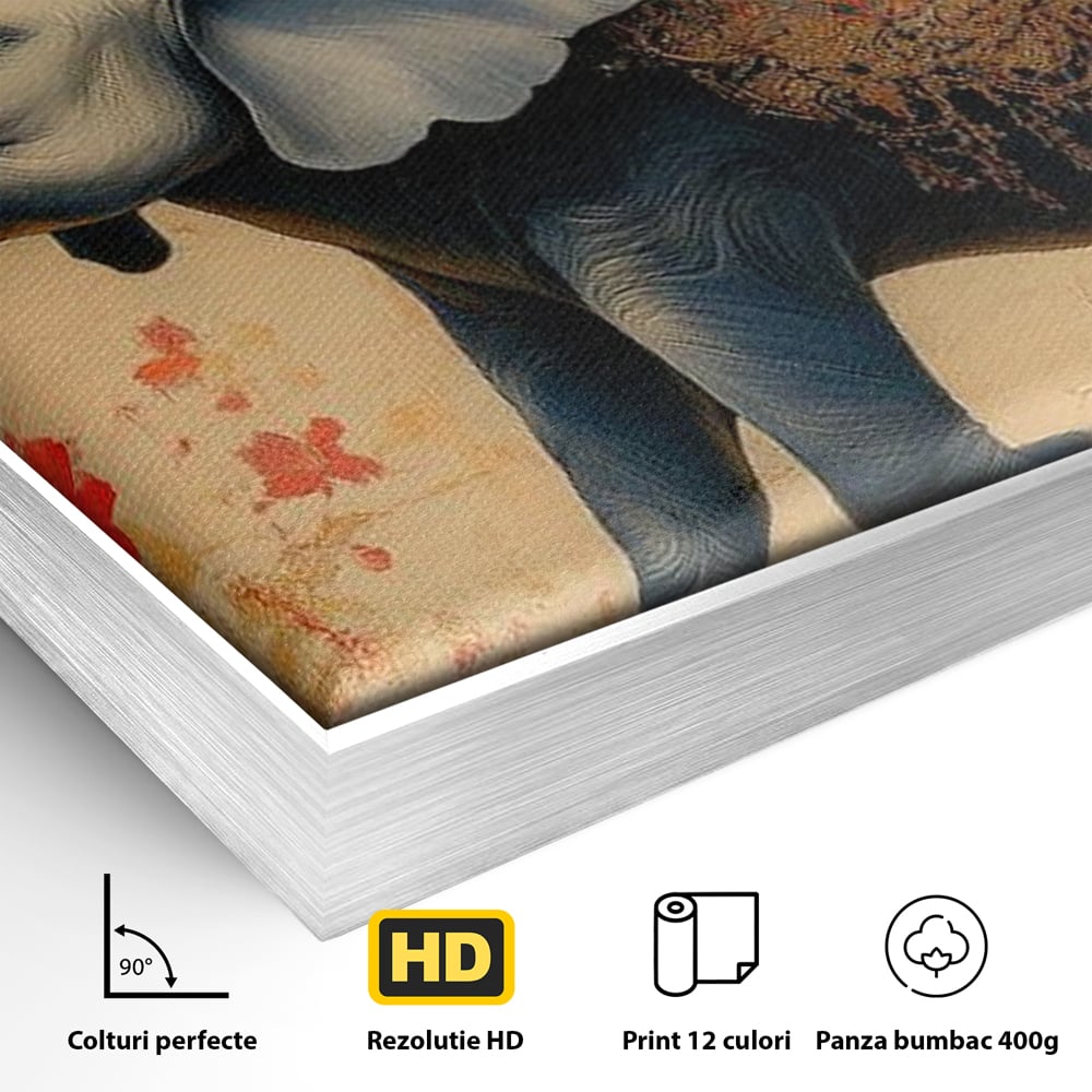 Tablou Canvas Premium, LuxCanva® M1308, Dans la Rasarit Japonez, Elefant, Animal, Oriental, Floral, Abstract, Arta, Traditie, Colti, Trompa, Elegant, Birou, Living, Camera Copil