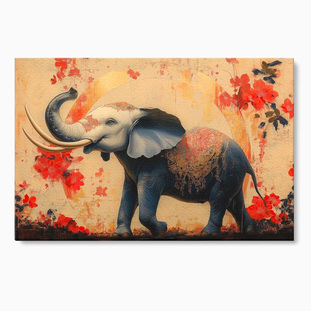 Tablou Canvas Premium, LuxCanva® M1308, Dans la Rasarit Japonez, Elefant, Animal, Oriental, Floral, Abstract, Arta, Traditie, Colti, Trompa, Elegant, Birou, Living, Camera Copil