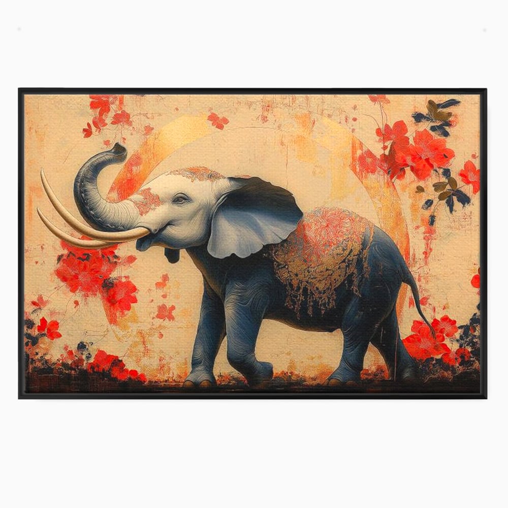 Tablou Canvas Premium, LuxCanva® M1308, Dans la Rasarit Japonez, Elefant, Animal, Oriental, Floral, Abstract, Arta, Traditie, Colti, Trompa, Elegant, Birou, Living, Camera Copil