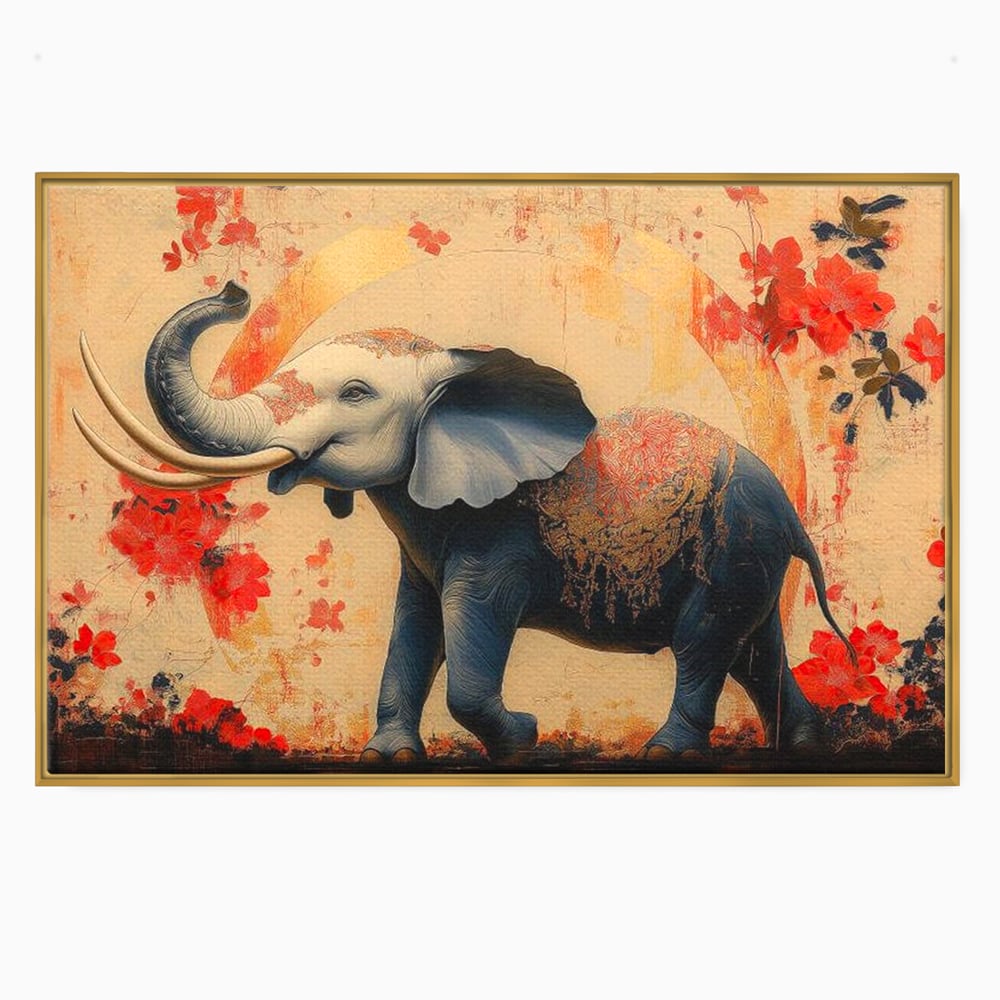 Tablou Canvas Premium, LuxCanva® M1308, Dans la Rasarit Japonez, Elefant, Animal, Oriental, Floral, Abstract, Arta, Traditie, Colti, Trompa, Elegant, Birou, Living, Camera Copil