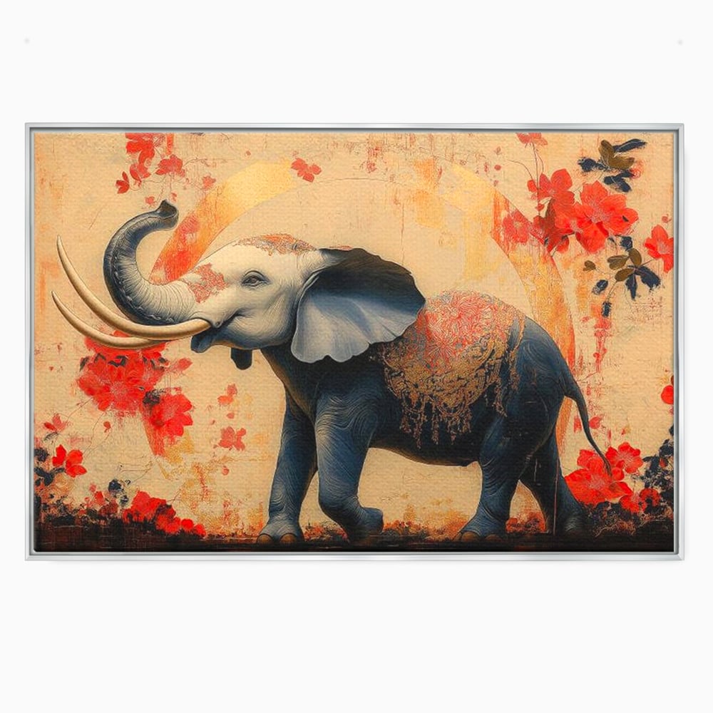 Tablou Canvas Premium, LuxCanva® M1308, Dans la Rasarit Japonez, Elefant, Animal, Oriental, Floral, Abstract, Arta, Traditie, Colti, Trompa, Elegant, Birou, Living, Camera Copil