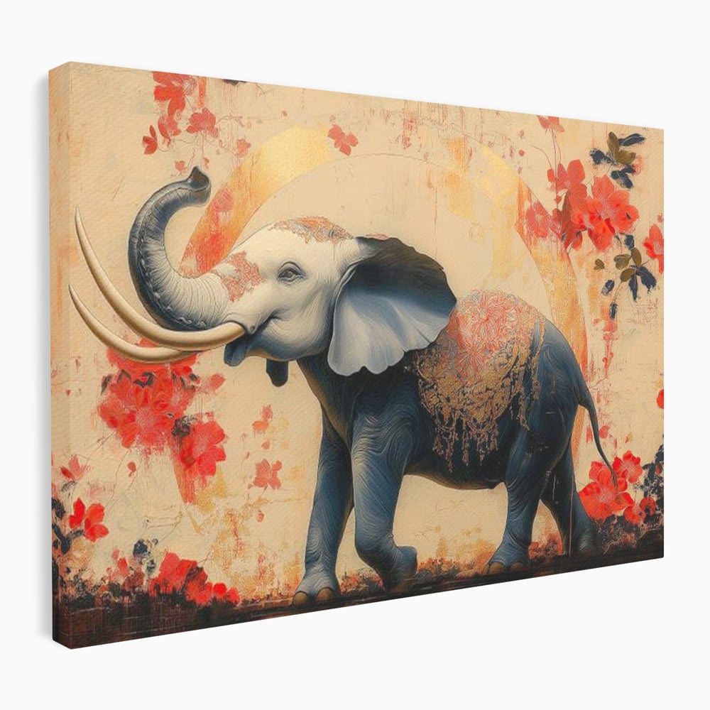 Tablou Canvas Premium, LuxCanva® M1308, Dans la Rasarit Japonez, Elefant, Animal, Oriental, Floral, Abstract, Arta, Traditie, Colti, Trompa, Elegant, Birou, Living, Camera Copil
