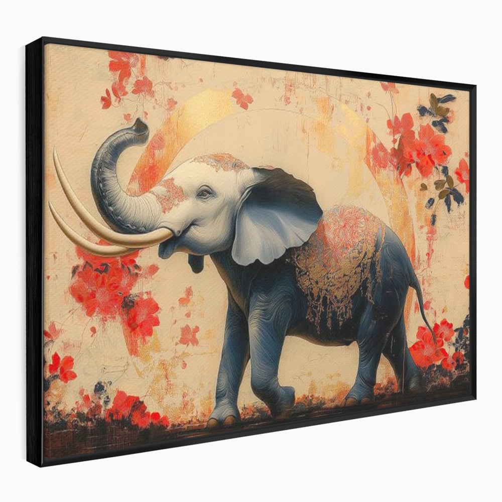 Tablou Canvas Premium, LuxCanva® M1308, Dans la Rasarit Japonez, Elefant, Animal, Oriental, Floral, Abstract, Arta, Traditie, Colti, Trompa, Elegant, Birou, Living, Camera Copil
