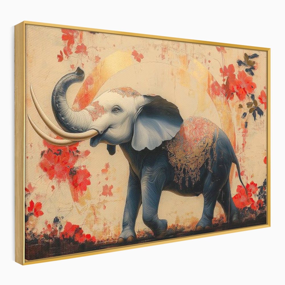 Tablou Canvas Premium, LuxCanva® M1308, Dans la Rasarit Japonez, Elefant, Animal, Oriental, Floral, Abstract, Arta, Traditie, Colti, Trompa, Elegant, Birou, Living, Camera Copil