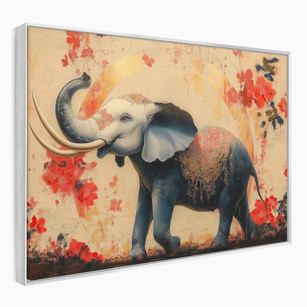 Tablou Canvas Premium, LuxCanva® M1308, Dans la Rasarit Japonez, Elefant, Animal, Oriental, Floral, Abstract, Arta, Traditie, Colti, Trompa, Elegant, Birou, Living, Camera Copil