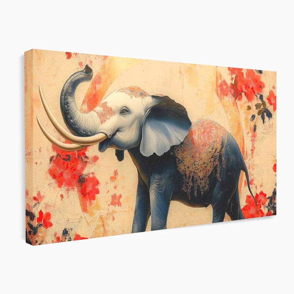 Tablou Canvas Premium, LuxCanva® M1308, Dans la Rasarit Japonez, Elefant, Animal, Oriental, Floral, Abstract, Arta, Traditie, Colti, Trompa, Elegant, Birou, Living, Camera Copil