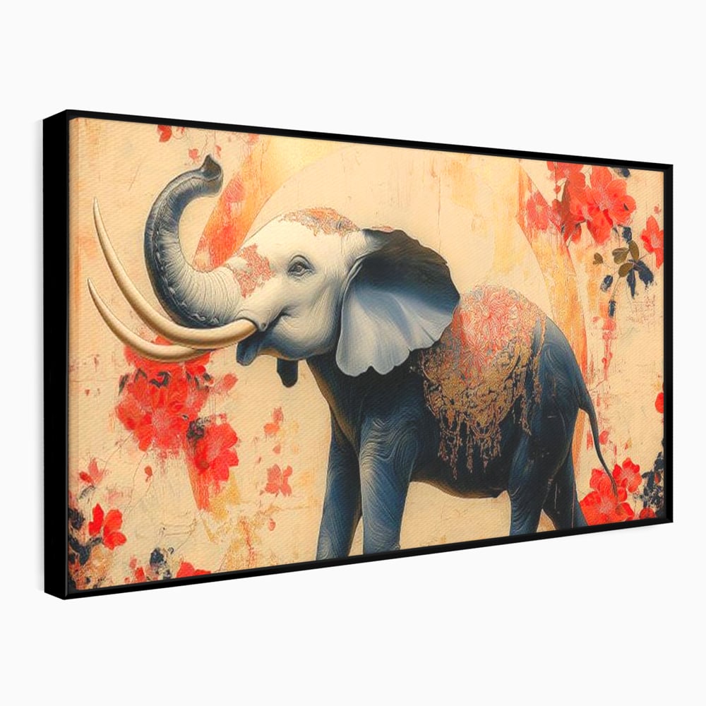 Tablou Canvas Premium, LuxCanva® M1308, Dans la Rasarit Japonez, Elefant, Animal, Oriental, Floral, Abstract, Arta, Traditie, Colti, Trompa, Elegant, Birou, Living, Camera Copil