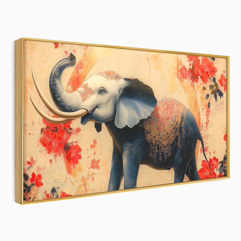 Tablou Canvas Premium, LuxCanva® M1308, Dans la Rasarit Japonez, Elefant, Animal, Oriental, Floral, Abstract, Arta, Traditie, Colti, Trompa, Elegant, Birou, Living, Camera Copil