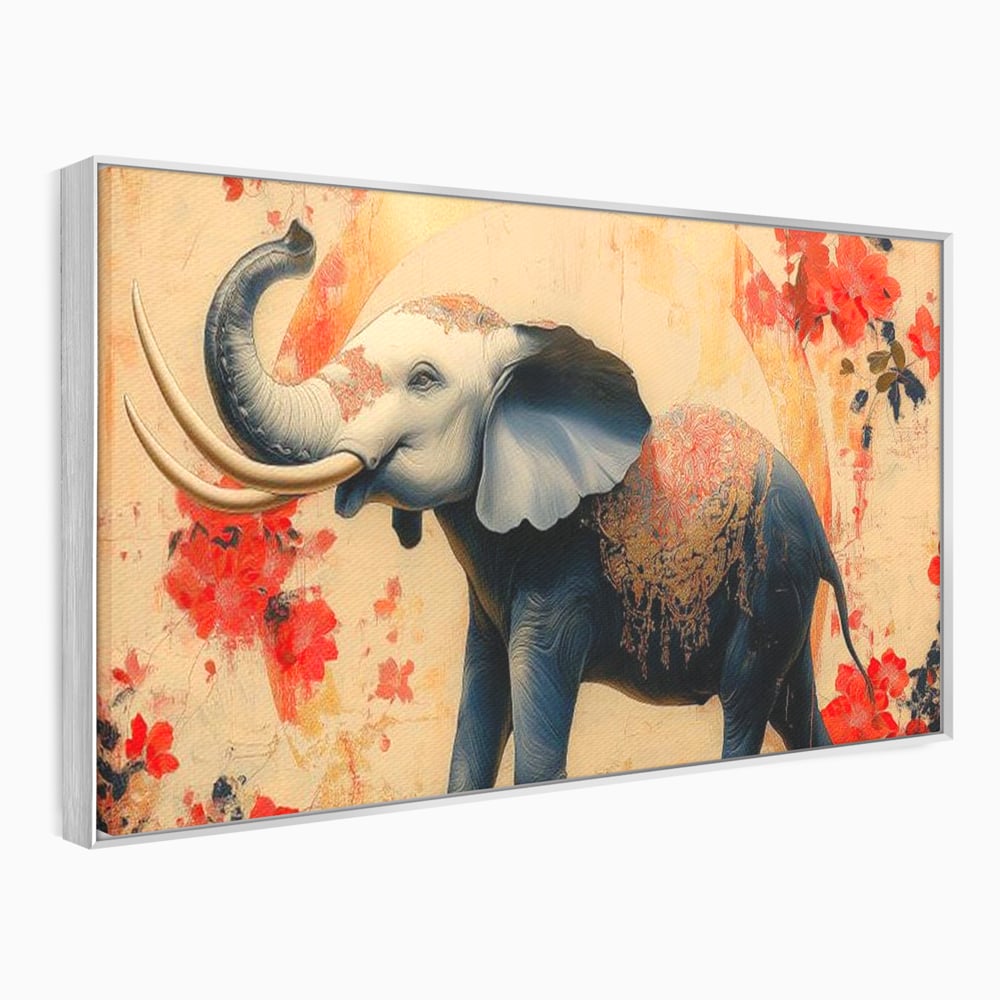 Tablou Canvas Premium, LuxCanva® M1308, Dans la Rasarit Japonez, Elefant, Animal, Oriental, Floral, Abstract, Arta, Traditie, Colti, Trompa, Elegant, Birou, Living, Camera Copil
