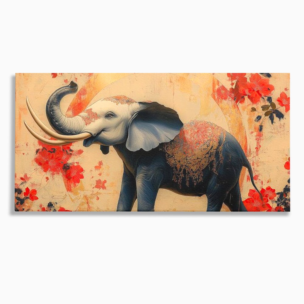 Tablou Canvas Premium, LuxCanva® M1308, Dans la Rasarit Japonez, Elefant, Animal, Oriental, Floral, Abstract, Arta, Traditie, Colti, Trompa, Elegant, Birou, Living, Camera Copil