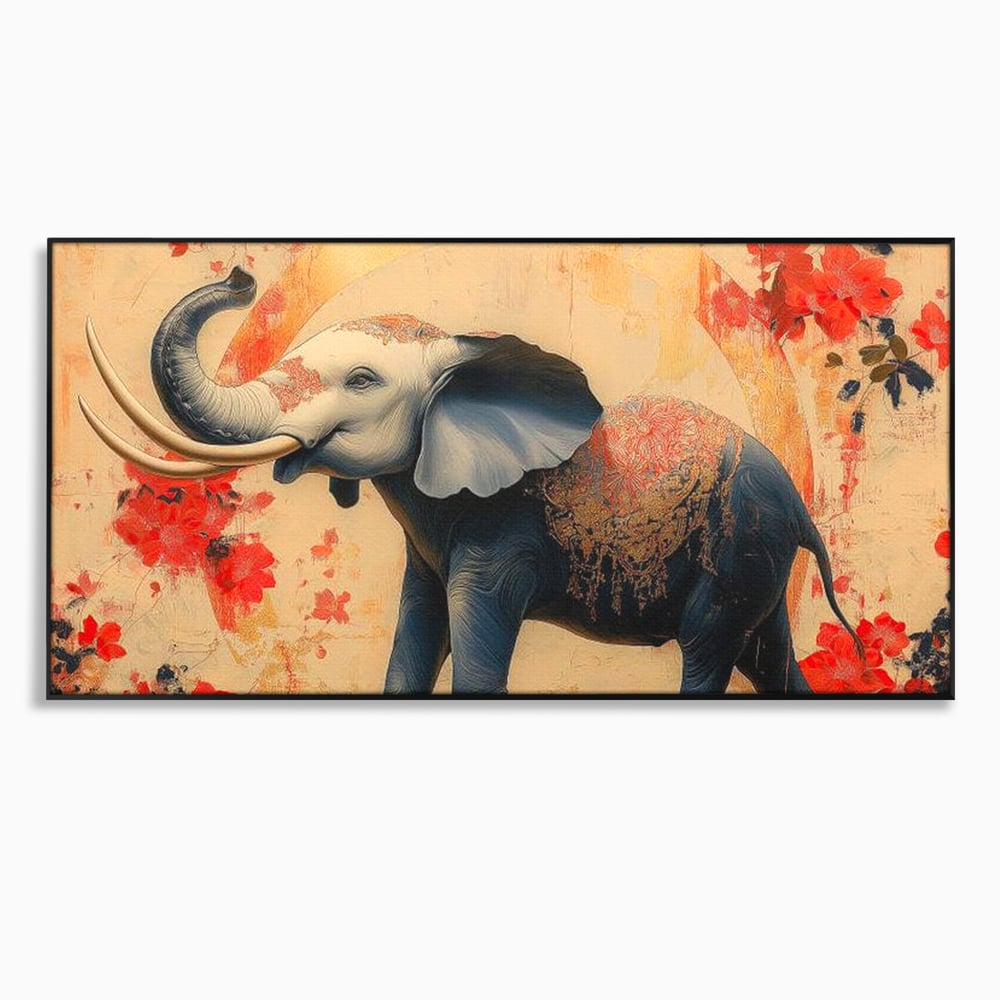 Tablou Canvas Premium, LuxCanva® M1308, Dans la Rasarit Japonez, Elefant, Animal, Oriental, Floral, Abstract, Arta, Traditie, Colti, Trompa, Elegant, Birou, Living, Camera Copil