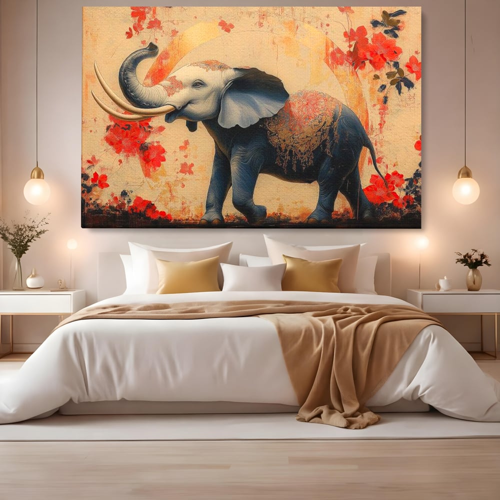 Tablou Canvas Premium, LuxCanva® M1308, Dans la Rasarit Japonez, Elefant, Animal, Oriental, Floral, Abstract, Arta, Traditie, Colti, Trompa, Elegant, Birou, Living, Camera Copil