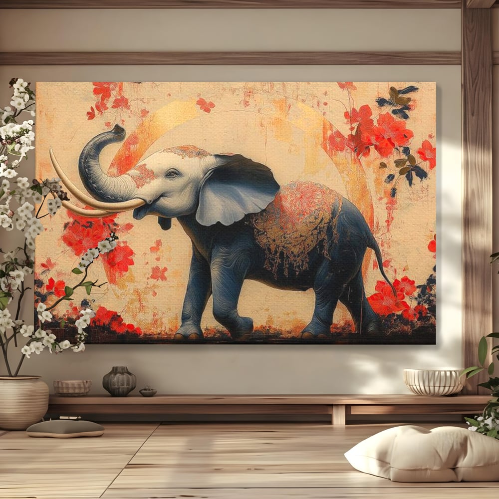 Tablou Canvas Premium, LuxCanva® M1308, Dans la Rasarit Japonez, Elefant, Animal, Oriental, Floral, Abstract, Arta, Traditie, Colti, Trompa, Elegant, Birou, Living, Camera Copil