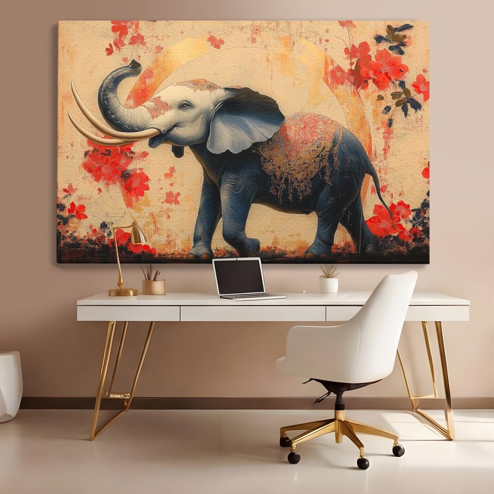 Tablou Canvas Premium, LuxCanva® M1308, Dans la Rasarit Japonez, Elefant, Animal, Oriental, Floral, Abstract, Arta, Traditie, Colti, Trompa, Elegant, Birou, Living, Camera Copil
