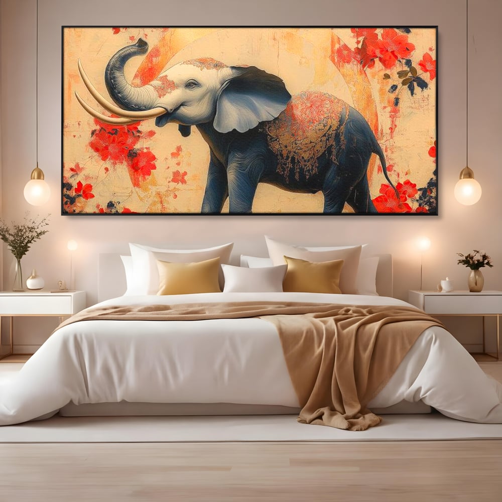 Tablou Canvas Premium, LuxCanva® M1308, Dans la Rasarit Japonez, Elefant, Animal, Oriental, Floral, Abstract, Arta, Traditie, Colti, Trompa, Elegant, Birou, Living, Camera Copil