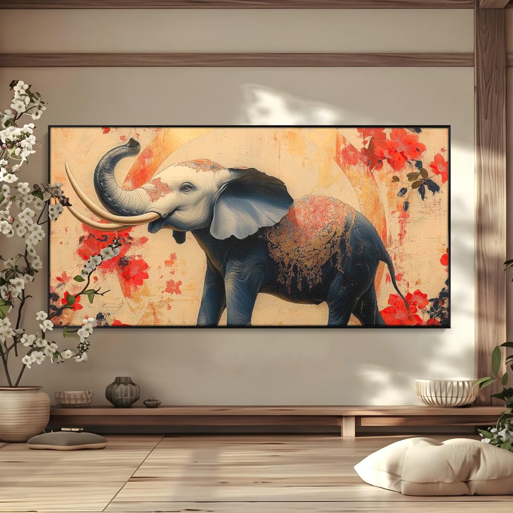 Tablou Canvas Premium, LuxCanva® M1308, Dans la Rasarit Japonez, Elefant, Animal, Oriental, Floral, Abstract, Arta, Traditie, Colti, Trompa, Elegant, Birou, Living, Camera Copil