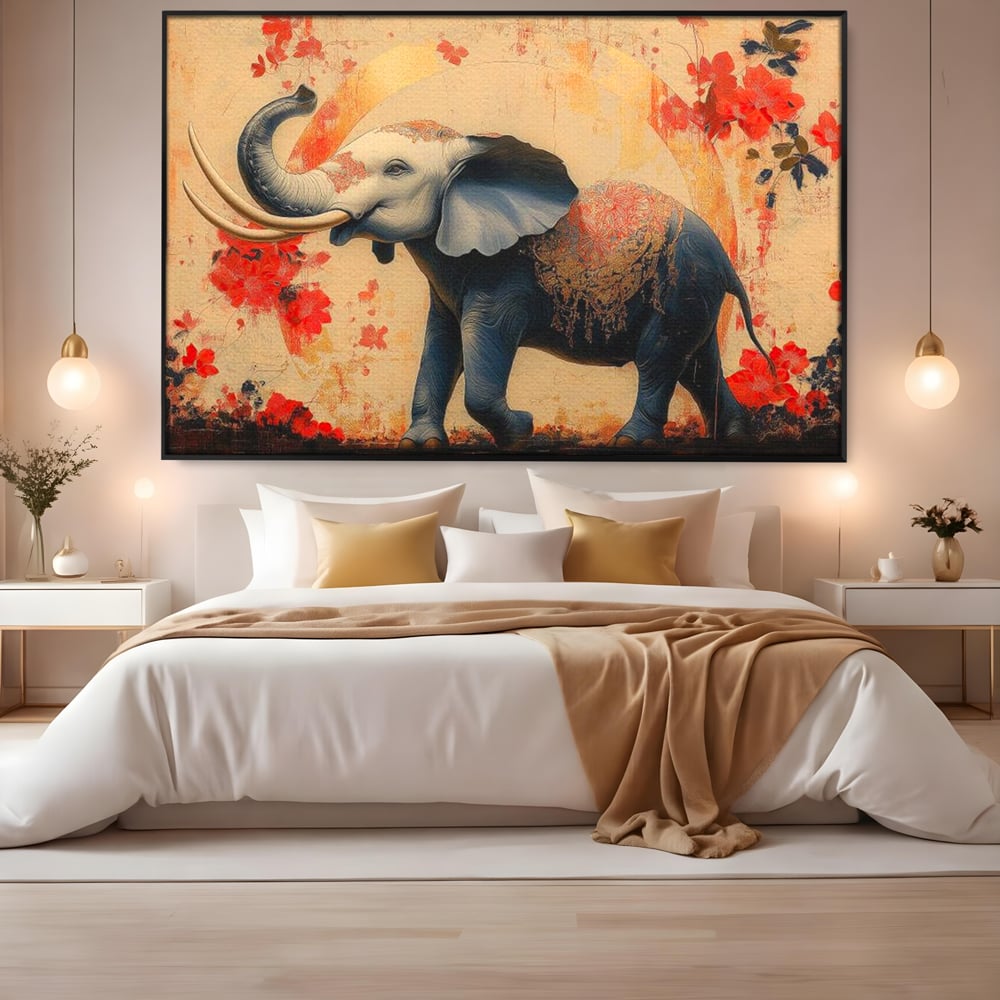 Tablou Canvas Premium, LuxCanva® M1308, Dans la Rasarit Japonez, Elefant, Animal, Oriental, Floral, Abstract, Arta, Traditie, Colti, Trompa, Elegant, Birou, Living, Camera Copil