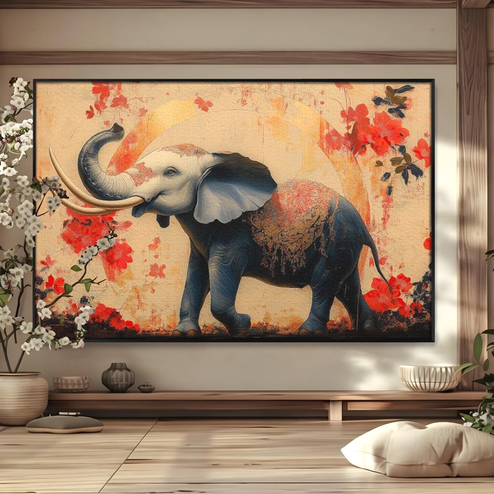 Tablou Canvas Premium, LuxCanva® M1308, Dans la Rasarit Japonez, Elefant, Animal, Oriental, Floral, Abstract, Arta, Traditie, Colti, Trompa, Elegant, Birou, Living, Camera Copil