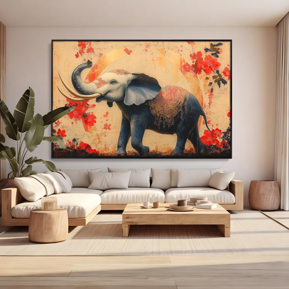 Tablou Canvas Premium, LuxCanva® M1308, Dans la Rasarit Japonez, Elefant, Animal, Oriental, Floral, Abstract, Arta, Traditie, Colti, Trompa, Elegant, Birou, Living, Camera Copil