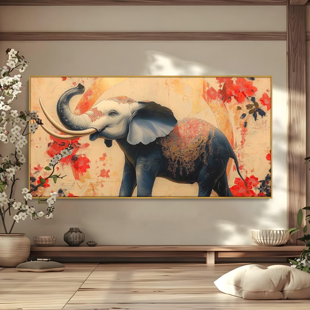 Tablou Canvas Premium, LuxCanva® M1308, Dans la Rasarit Japonez, Elefant, Animal, Oriental, Floral, Abstract, Arta, Traditie, Colti, Trompa, Elegant, Birou, Living, Camera Copil