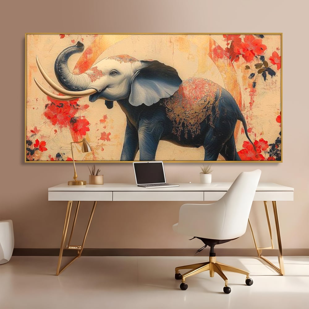 Tablou Canvas Premium, LuxCanva® M1308, Dans la Rasarit Japonez, Elefant, Animal, Oriental, Floral, Abstract, Arta, Traditie, Colti, Trompa, Elegant, Birou, Living, Camera Copil