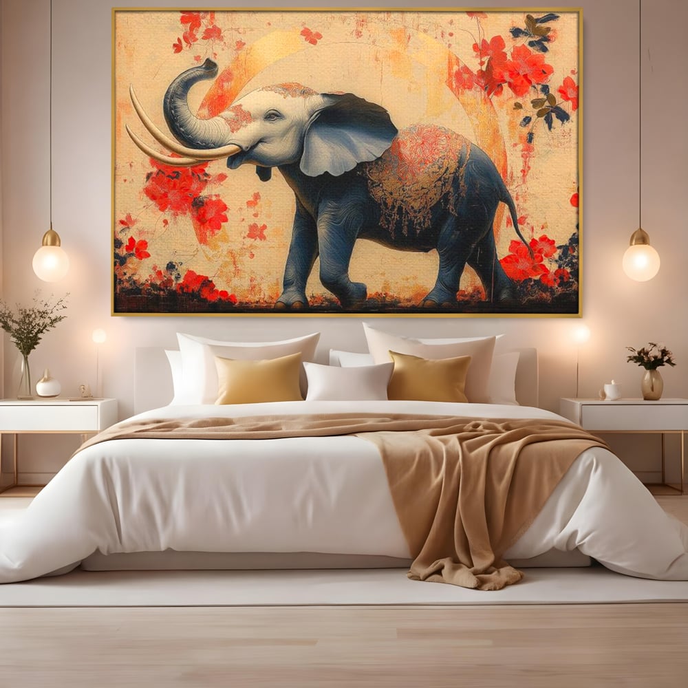 Tablou Canvas Premium, LuxCanva® M1308, Dans la Rasarit Japonez, Elefant, Animal, Oriental, Floral, Abstract, Arta, Traditie, Colti, Trompa, Elegant, Birou, Living, Camera Copil