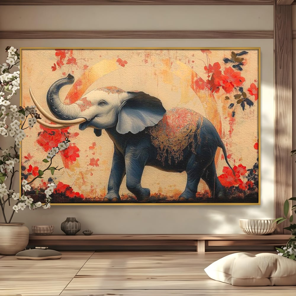 Tablou Canvas Premium, LuxCanva® M1308, Dans la Rasarit Japonez, Elefant, Animal, Oriental, Floral, Abstract, Arta, Traditie, Colti, Trompa, Elegant, Birou, Living, Camera Copil
