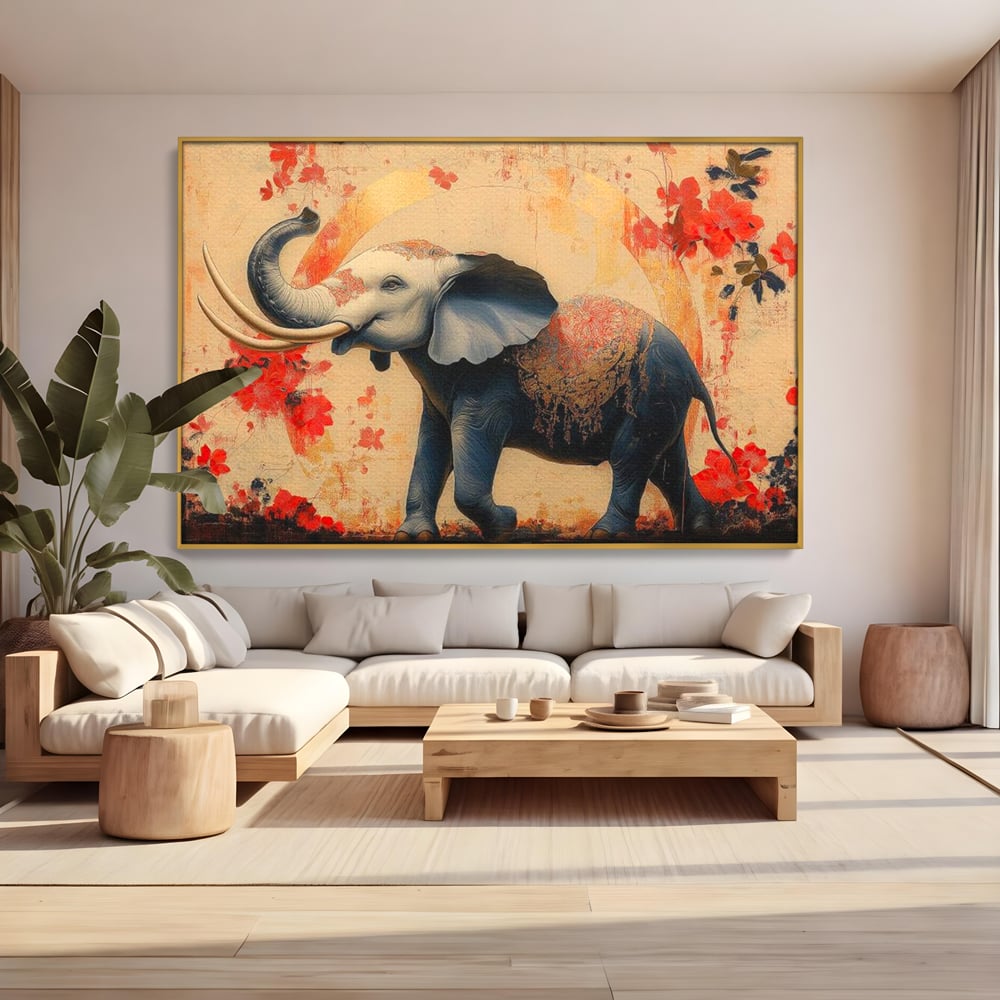 Tablou Canvas Premium, LuxCanva® M1308, Dans la Rasarit Japonez, Elefant, Animal, Oriental, Floral, Abstract, Arta, Traditie, Colti, Trompa, Elegant, Birou, Living, Camera Copil