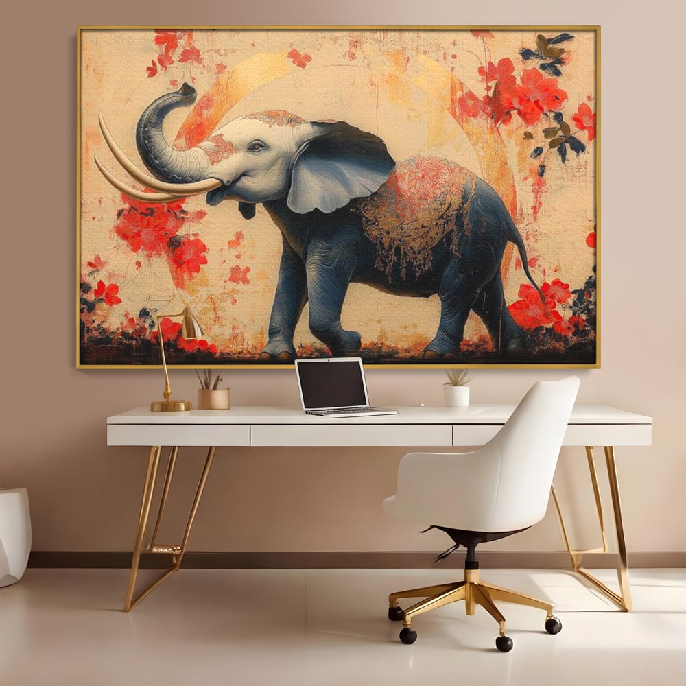 Tablou Canvas Premium, LuxCanva® M1308, Dans la Rasarit Japonez, Elefant, Animal, Oriental, Floral, Abstract, Arta, Traditie, Colti, Trompa, Elegant, Birou, Living, Camera Copil