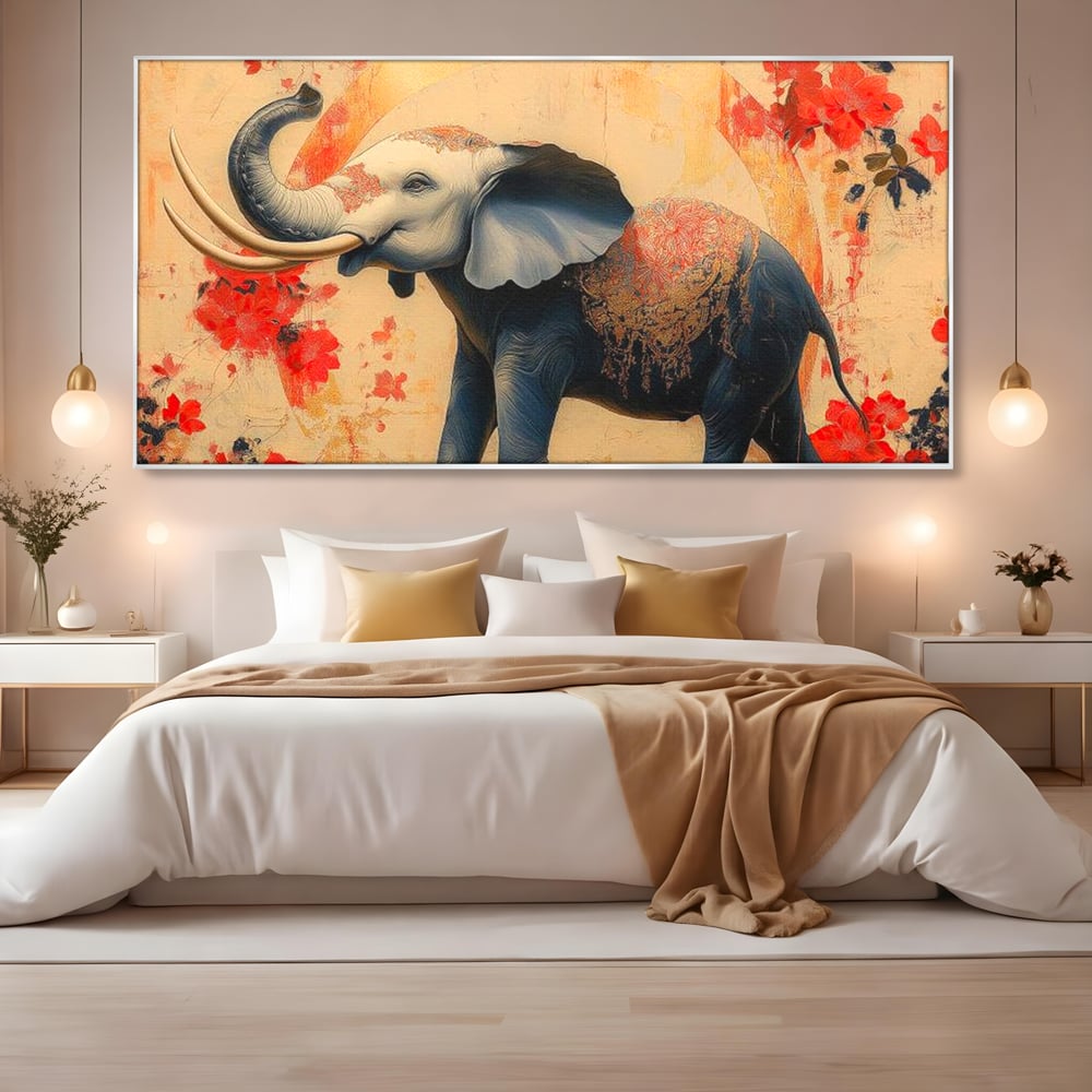 Tablou Canvas Premium, LuxCanva® M1308, Dans la Rasarit Japonez, Elefant, Animal, Oriental, Floral, Abstract, Arta, Traditie, Colti, Trompa, Elegant, Birou, Living, Camera Copil