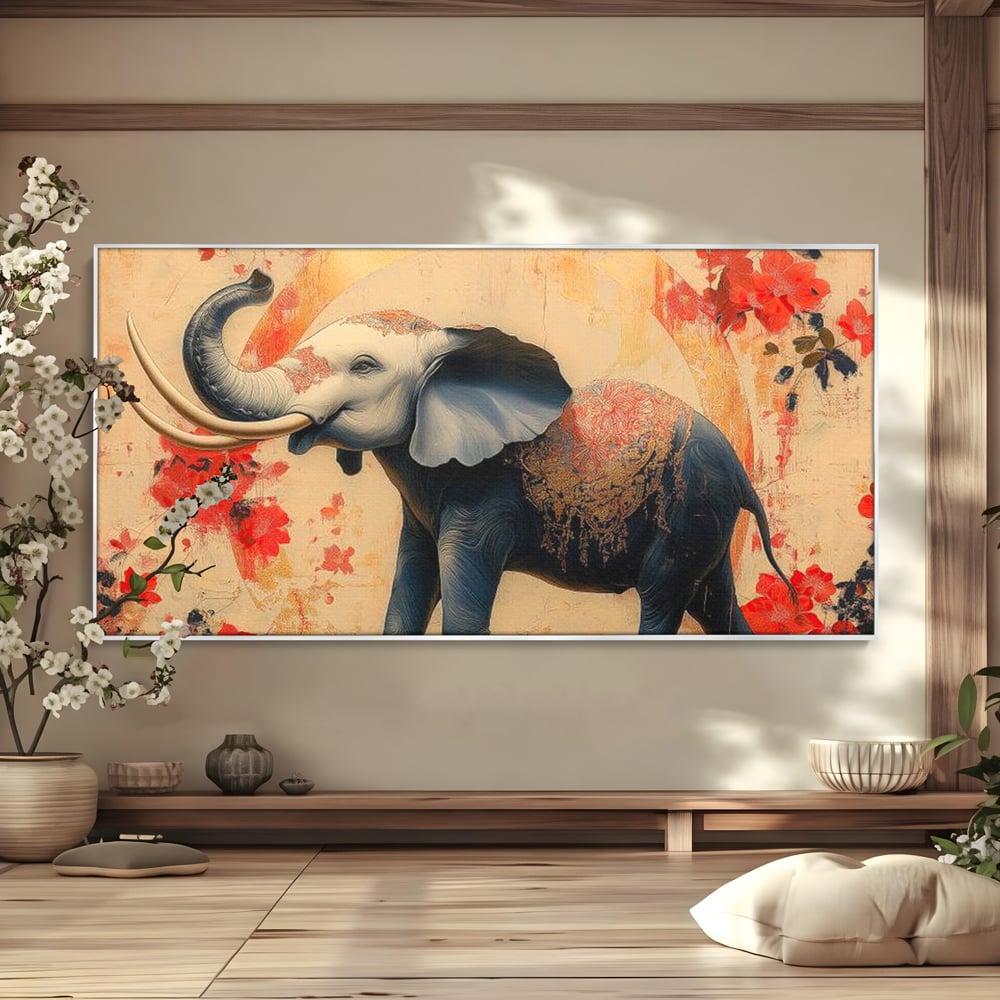Tablou Canvas Premium, LuxCanva® M1308, Dans la Rasarit Japonez, Elefant, Animal, Oriental, Floral, Abstract, Arta, Traditie, Colti, Trompa, Elegant, Birou, Living, Camera Copil